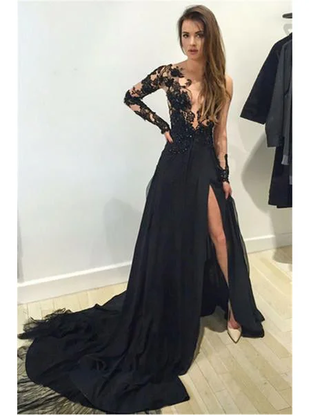Limited Availability Sexy Black Prom Dresses Scoop Sweep/Brush Train Slit Prom Dress/Evening Dress JKL295