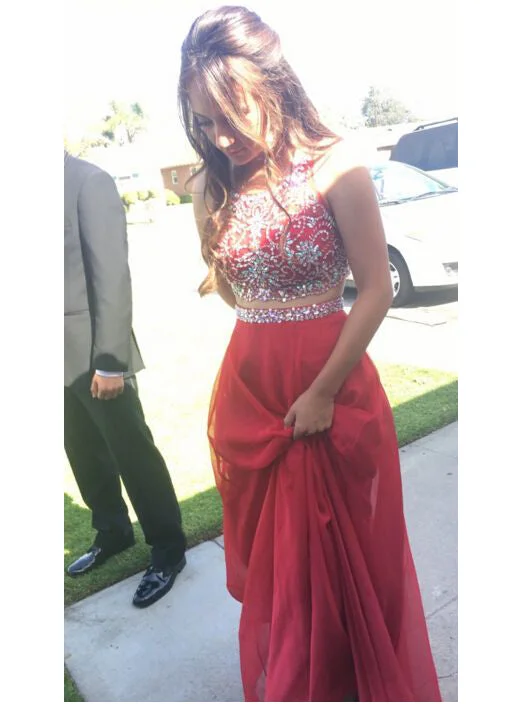 Best Bargains Two Piece Prom Dresses A-line Halter Rhinestone Long Sexy Prom Dress/Evening Dress JKL227