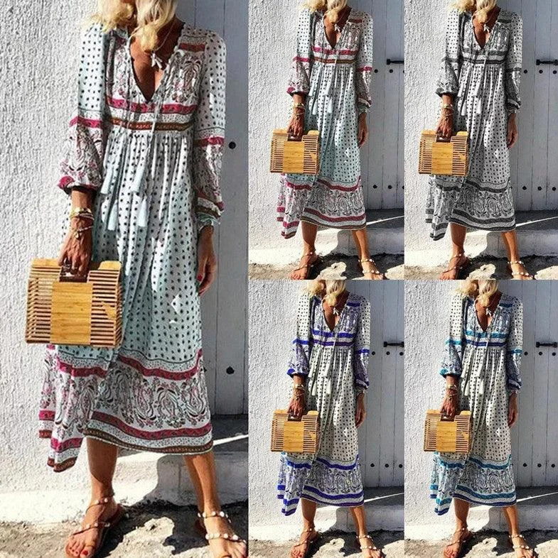 Act Fast shift dressshift dressBohemian long sleeve V-neck pullover dress