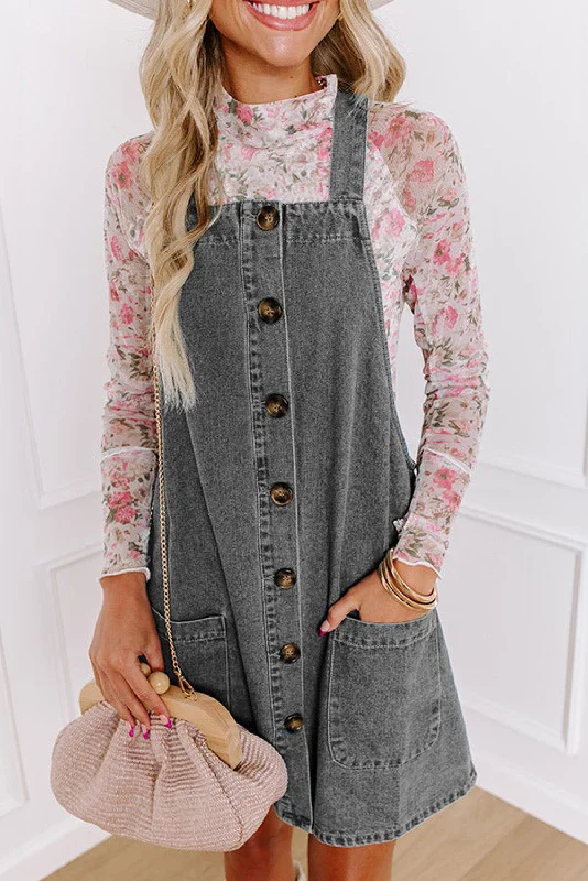 Price Buster Medium Grey Wide Strap Button Front Pocketed Denim Mini Dress