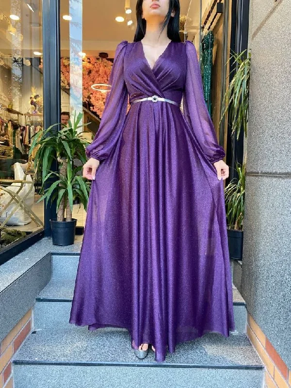 Now or Never luxury dressluxury dressElegant A Line V Neck Long Sleeve Purple Prom Dresses Y4977