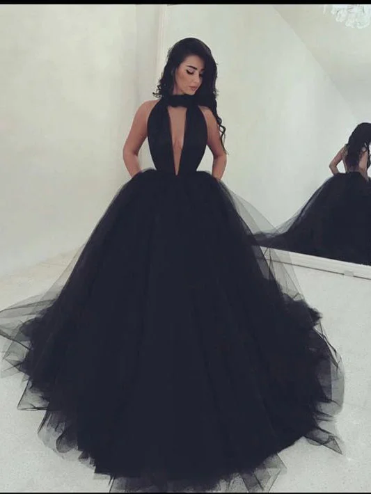 Savings Spectacular Ball Gown Prom Dresses High Neck Brush Train Long Black Prom Dress Sexy Evening Dress JKL529