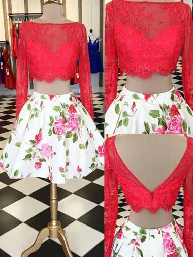 Grand Opening Sale Red Two Piece Homecoming Dresses Long Sleeve Short Prom Dress Party Dress JK653
