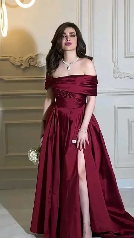 Savings Bonanza floral wrap dressfloral wrap dressBurgundy Off The Shoulder Satin Long Prom Dress,Formal Gown  Y4618