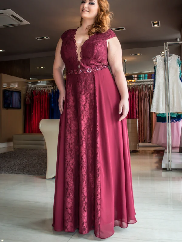 Early Access Burgundy Plus Size Prom Dresses V-neck Sexy Lace Long Prom Dress JKP014