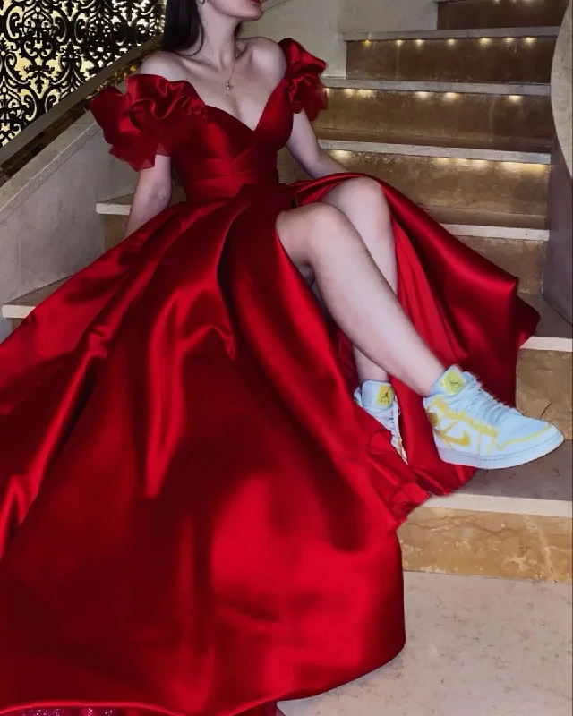Crazy Deals vintage dressvintage dressRed Satin A-Line Long Prom Dress with Puff Sleeves Y4863