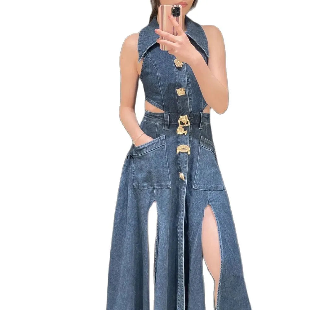 Deal Mania warm trench coat2023 Autumn Summer Ladies Denim Dress Sleeveless Pockets Single Breasted Women Shirt Floor Length Party Beach Sexy Dresses Deal Mania warm trench coat2023 Autumn Summer Ladies Denim Dress Sleeveless Pockets Single Breasted Women Shirt Floor Length Party Beach Sexy Dresses