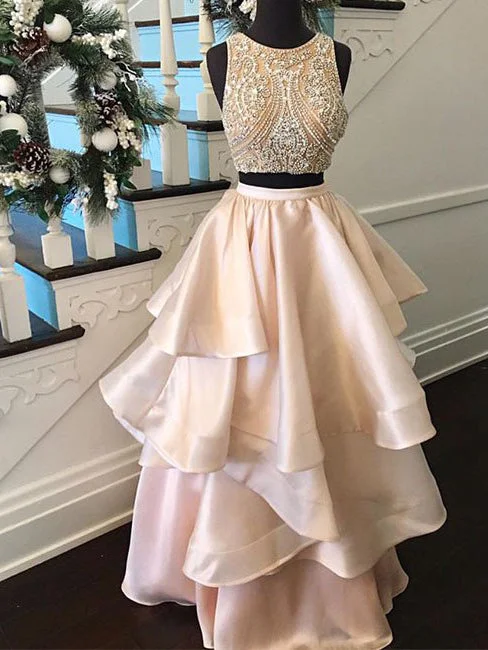 Exclusive Deal Two Piece Chic Prom Dresses Floor-length Rhinestone Sexy Prom Dress/Evening Dress JKL211