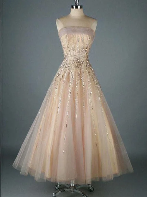 Discount Mania Vintage Prom Dresses Strapless A-line Ankle-length Long Beautiful Prom Dress JKL1216