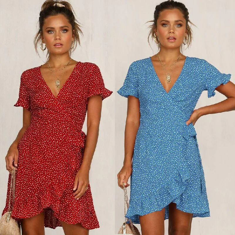 Mega Deal cocktail dresscocktail dressPrinted V-neck lace-up ruffled dress