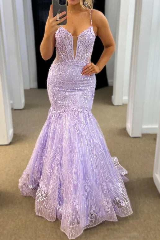 Unmissable Offer midi dressmidi dressTrumpet V-Neck Spaghetti Straps Appliques Long Formal Dress