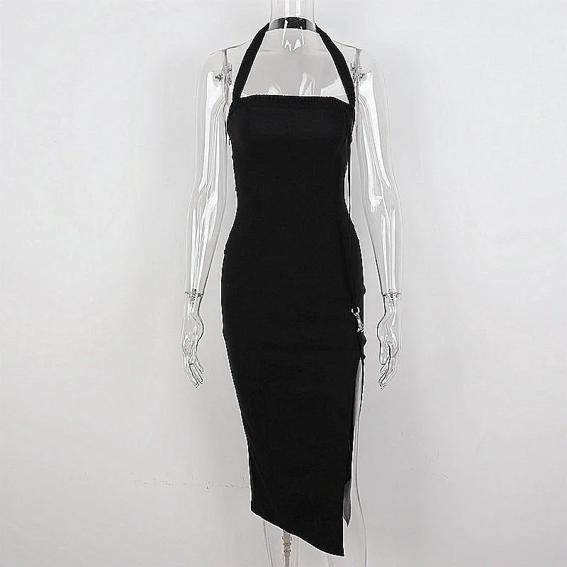 Midnight Madness lace-up dresslace-up dressWomen's Black Halter Prom Dress With Slit,Sexy Black Sleeveless Evening Dress Y1161