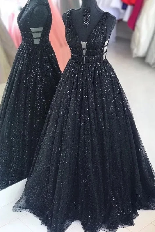 Savings Alert draped dressdraped dressSparkly Tulle A-Line V-Neck Sleeveless Long Party Prom Dress