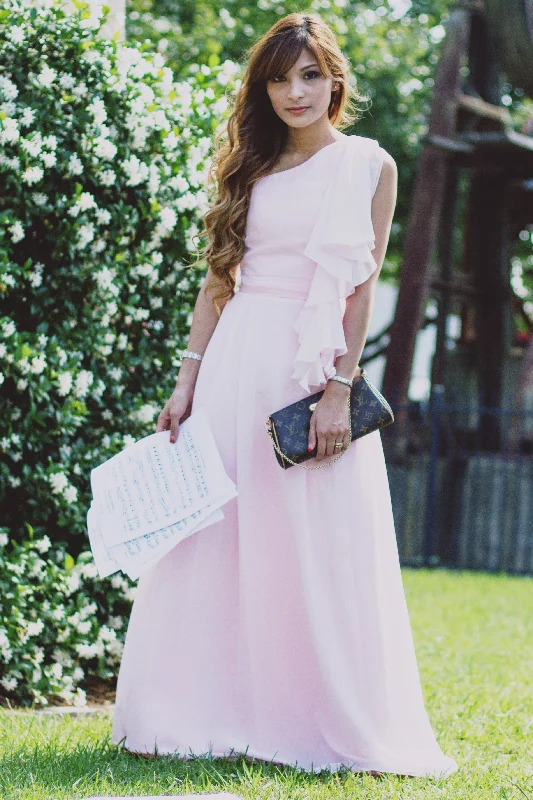 Super Sale A-line One-shoulder Floor Length Chiffon Hanging Ribbon Prom Dress