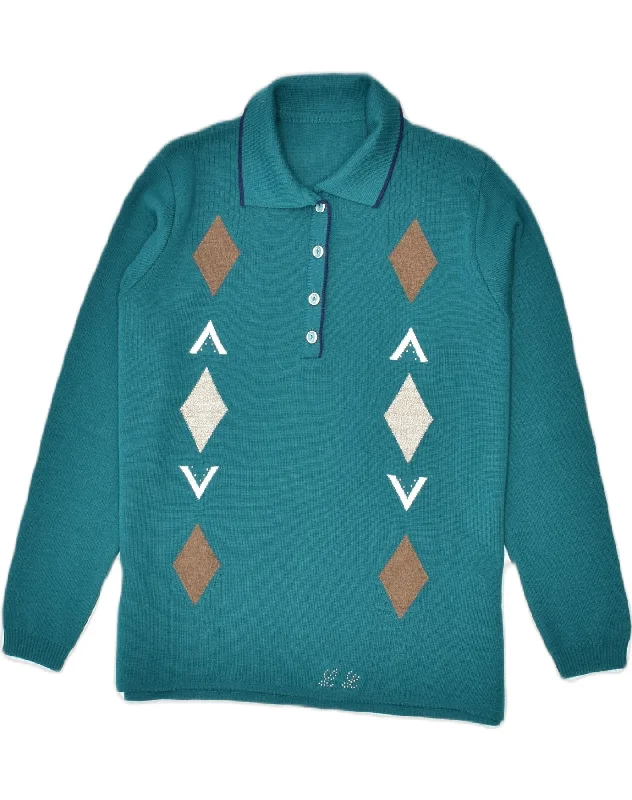 Big Discounts zip-up hoodie for gymVINTAGE Womens Polo Neck Jumper Sweater UK 22 3XL Turquoise Argyle/Diamond