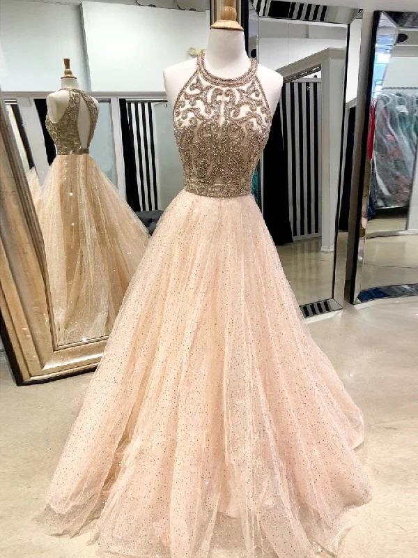 Midnight Madness Sparkly Prom Dresses Scoop A-line Floor-length Gold Open Back Prom Dress JKL1524