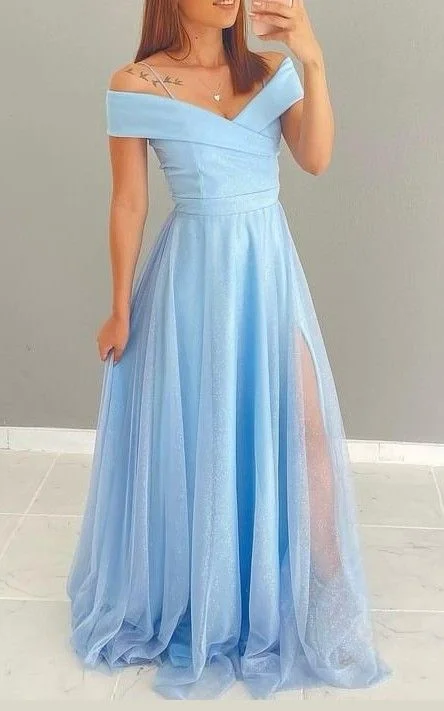 Act Now trendy wrap dresstrendy wrap dressBlue A Line Off the Shoulder Prom Dresses,Blue Graduation Dress Y5152