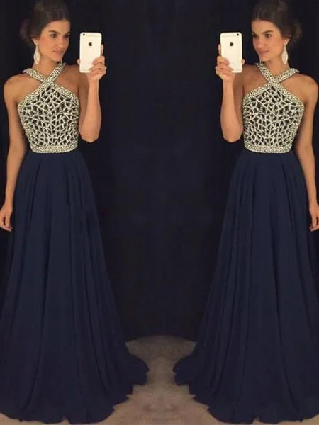 Online Only Long Sexy Prom Dresses Halter Sequins Chiffon Dark Navy Prom Dress/Evening Dress JKL120