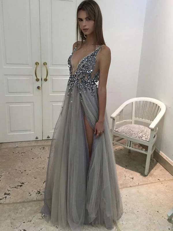 Super Bargain Sexy Prom Dress A-line V-neck Evening Dress Grey Prom Long Dress with Side Slit MK561