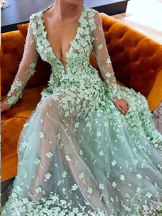 Discount Deals Beautiful Prom Dresses A-line Floral Lace Sage See Through Long Chic Prom Dress JKL1292