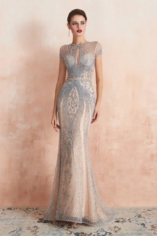 Today Only A-line dressA-line dressLuxurious Champagne Tulle Long Evening Dress with Cap Sleeves