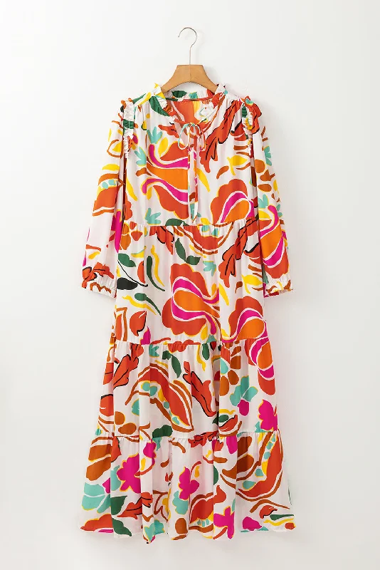Fantastic Deals Orange Floral Print Split V Neck Tiered Maxi Dress