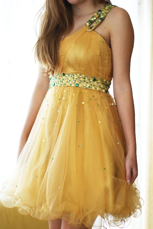 Time-Limited Offer A-line One-shoulder Knee Length Tulle Rhinestone Prom Dress