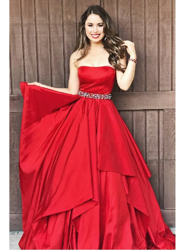 Online Only Red Prom Dresses Strapless Aline Floor-length Rhinestone Taffeta Prom Dress JKL744