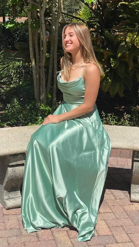 Referral Discount modern dressmodern dressClassic Sage Green A-line Satin Long Prom Dress,Winter Dance Dress Y4994