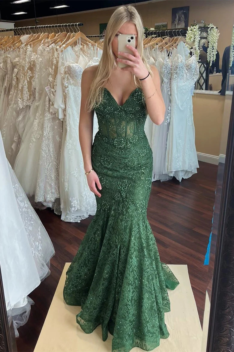 Quick Sale casual summer dresscasual summer dressLace Trumpet V-Neck Spaghetti Straps With Train Prom Dress