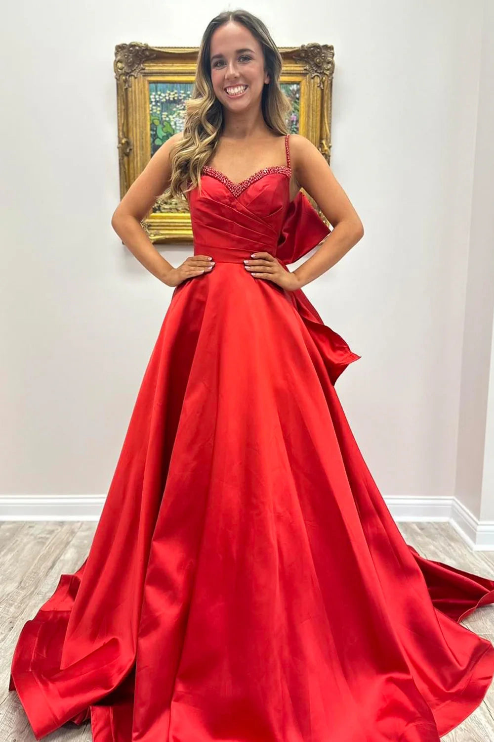 Super Deal casual dresscasual dressRed Satin A-Line Sweetheart Beaded Prom Dress