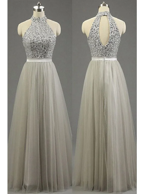 Online Specials Long Prom Dresses High Neck Floor-length Tulle Prom Dress/Evening Dress JKL272