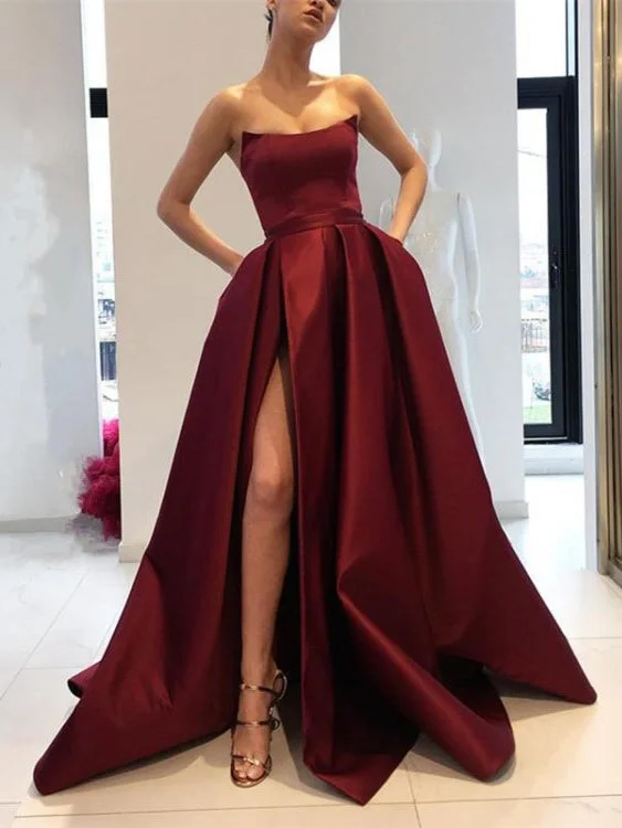 New Markdowns Simple Prom Dresses A Line Strapless Burgundy Slit Prom Dress Sexy Evening Dress JKL1112