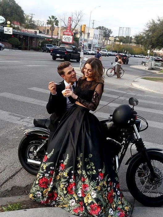 Special Discount Two Piece Prom Dresses Lace Floral Print Black Prom Dress Sexy Evening Dress JKL765