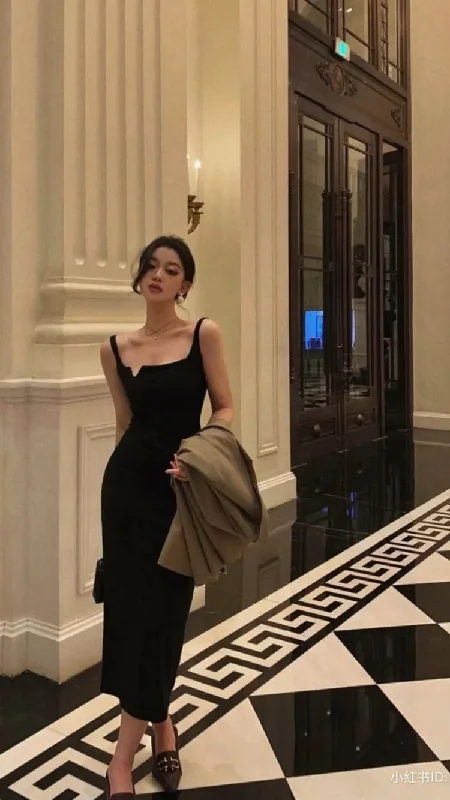 Bonus Savings silk dresssilk dressVintage Black Sleeveless Evening Dress,New Year Outfit Dress Y1359