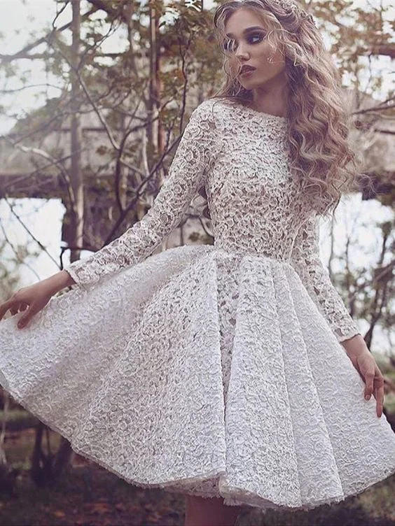 Weekend Special Lace Chic Homecoming Dress Scoop Long Sleeve Ivory Short Prom Dress Party Dress JK043