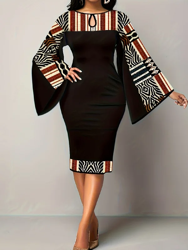 Loyalty Reward Colorblock Geometric Print Bell Sleeve Round Neck Keyhole Midi Dress
