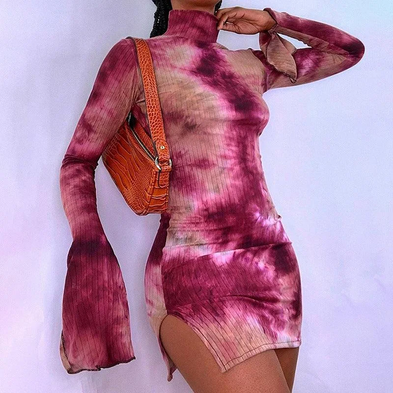 Members Only chic dresschic dressFlared Sleeve Sexy High Slit Bag Hip Print Dress