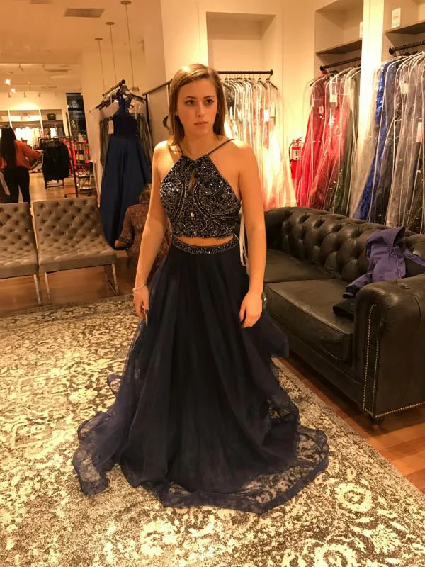 Price Drop Two Piece Prom Dresses A-line Halter Floor-length Hunter Green Prom Dress/Evening Dress JKL279