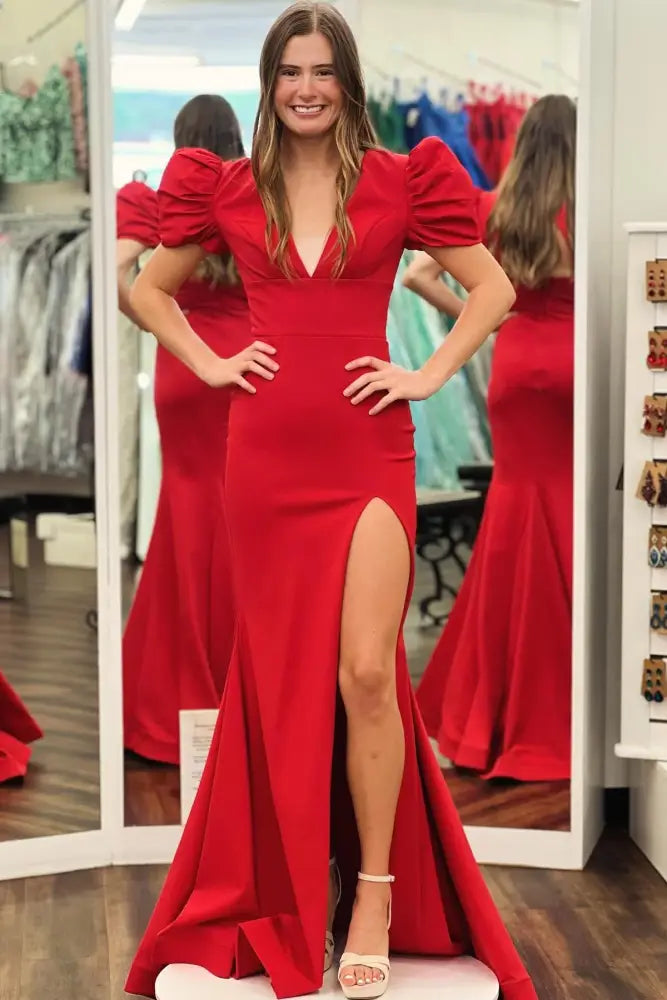Inventory Reduction structured dressstructured dressShort Sleeves V-Neck Mermaid Party Prom Dress With Slit Inventory Reduction structured dressstructured dressShort Sleeves V-Neck Mermaid Party Prom Dress With Slit