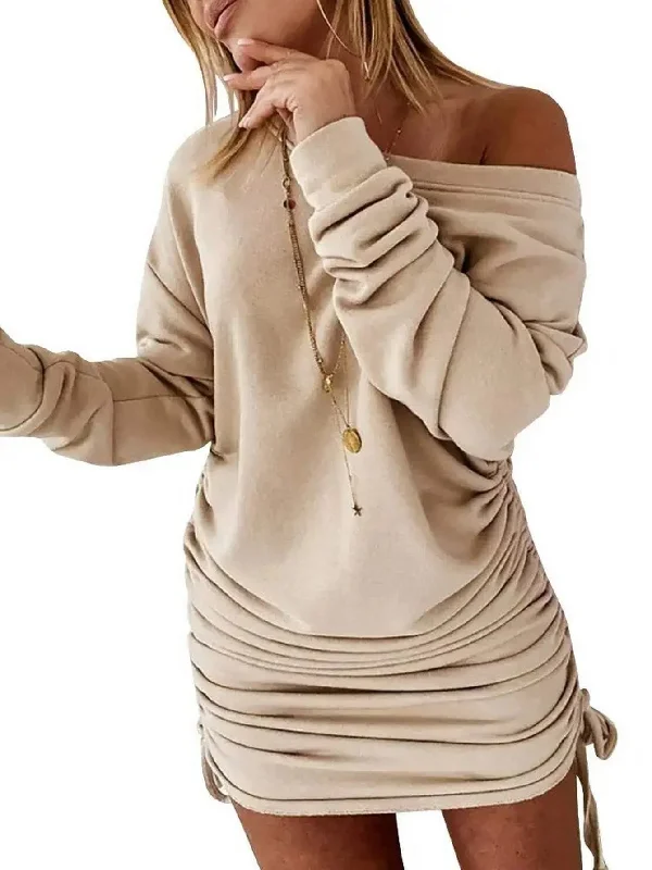 Exclusive Preview Solid Drawstring Pullover Sweatshirt Dress, Casual Ruched Long Sleeve Sweatshirt Dress