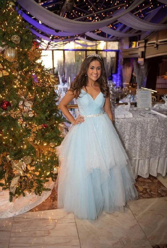 Discount Days long-sleeve floral dresslong-sleeve floral dressWinter Wonderland Blue Ball Dress A-line V Blue Neck Tulle Evening Dress Y307