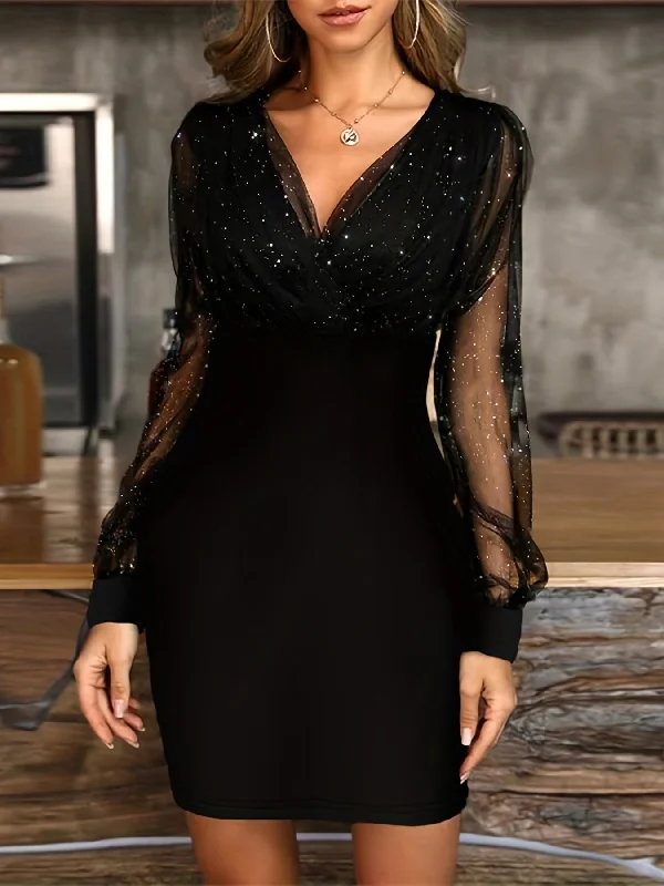 Mega Sale Solid Sequin Stitching Lace Long Sleeve Dress, Elegant Mesh Slim Sexy Party Dress