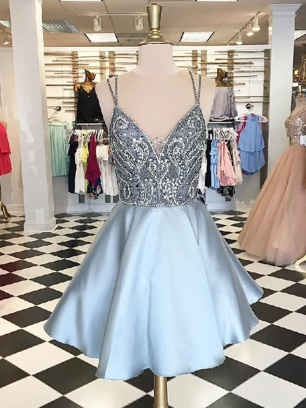 Price Drop Sexy Homecoming Dress Spaghetti Straps Rhinestone Silver Short Prom Dress Party Dress JK424