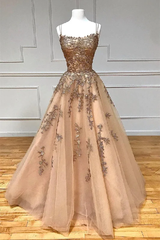 Early Access Spaghetti Straps Champagne Lace Tulle Long Prom Dress GJS696