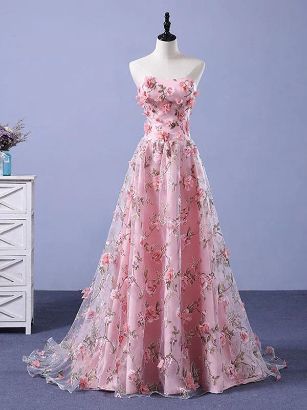 Daily Specials Pink Prom Dresses A-line Sweetheart Sweep Train Floral Print Long Lace Prom Dress JKL717