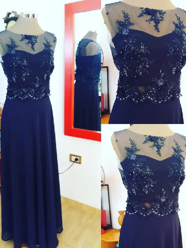 Blowout Sale Dark Navy Prom Dresses A-line Floor-length Chiffon Long Prom Dress/Evening Dress JKS139