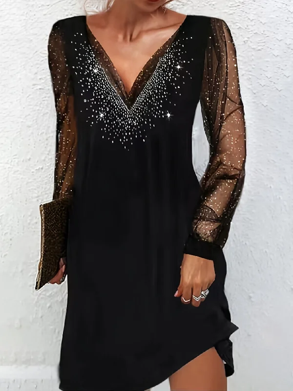New Markdowns Solid Rhinestone V Neck Stitching Lace Dress, Casual Long Sleeve Loose Stylish Mini Dress