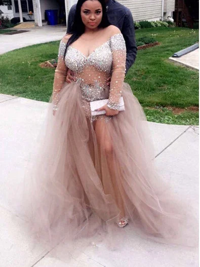 Get It Before It’s Gone Plus Size Prom Dresses Sweep/Brush Train Tulle Rhinestone Long Prom Dress JKP020