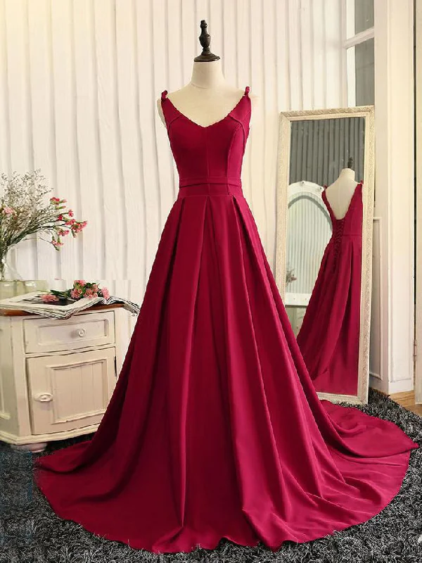 Great Deals Burgundy Prom Dresses A-line V-neck Sweep Train Lace-up Long Prom Dress JKL539
